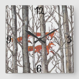 Red Fox Foxes Gray Winter Forest Clock Vierkante Klok