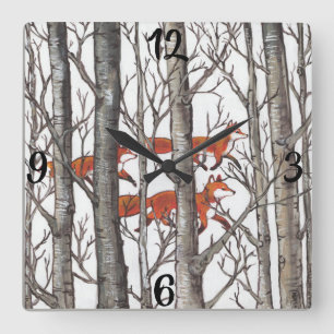 Red Fox Foxes Grey Winter Forest Clock Vierkante Klok
