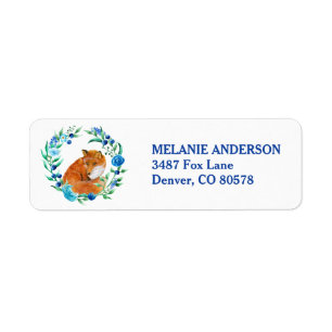 Red Fox in Blue Floral Wreatreturn Address Etiket