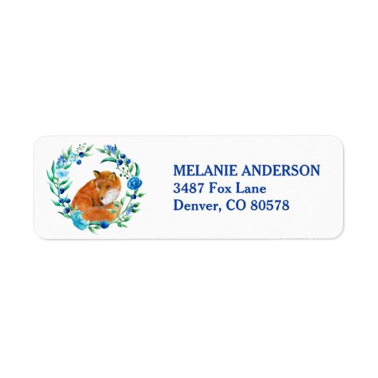 Red Fox in Blue Floral Wreatreturn Address Etiket (Voorkant)