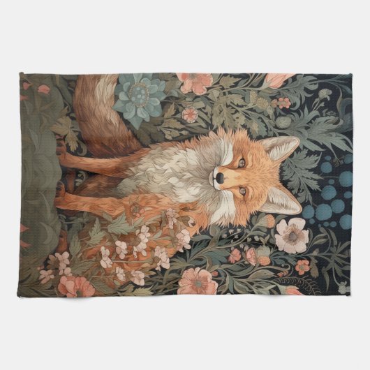 Red Fox in de herfsttuin William Morris Style Theedoek (Horizontaal)