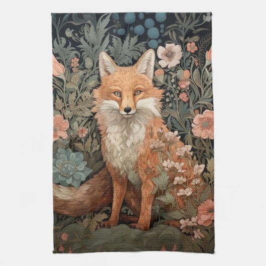 Red Fox in de herfsttuin William Morris Style Theedoek (Verticaal)