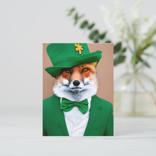 Red Fox in een Green St. Patrick's Day Suit Briefk Briefkaart (Staand voorkant)