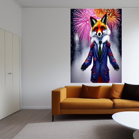 Red Fox in uniform en vuurwerk | AI Art Poster