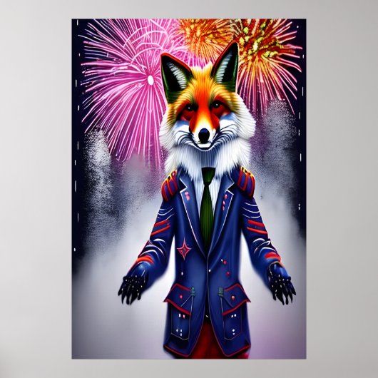 Red Fox in uniform en vuurwerk | AI Art Poster (Voorkant)