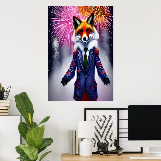 Red Fox in uniform en vuurwerk | AI Art Poster (Thuiskantoor)