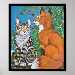 Red Fox Kit and Cat Poster, Original Animal Art Poster