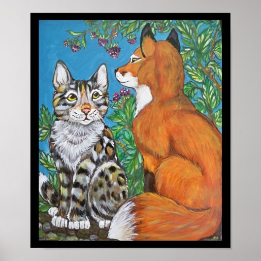 Red Fox Kit and Cat Poster, Original Animal Art Poster (Voorkant)