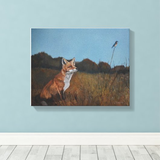 Red Fox met Bluebird Animal Wildlife Canvas Print (Insitu (Houten vloer))