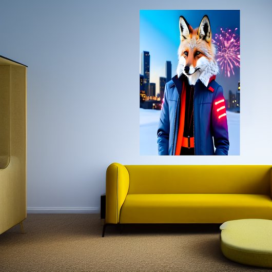 Red Fox met uniform en vuurwerk | AI Art. Poster