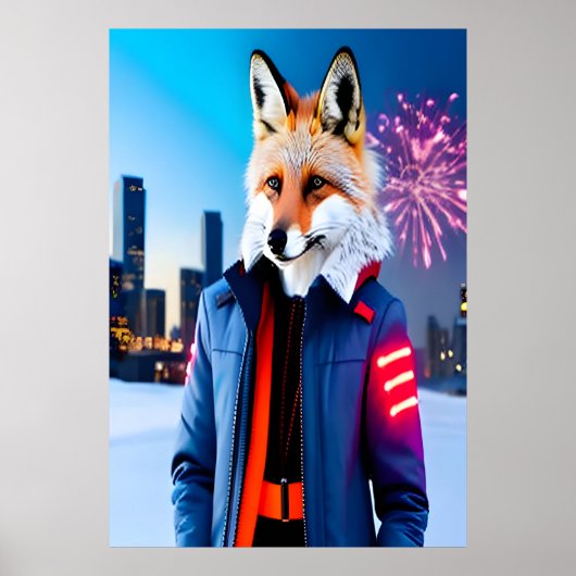 Red Fox met uniform en vuurwerk | AI Art. Poster (Voorkant)