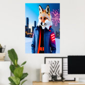 Red Fox met uniform en vuurwerk | AI Art. Poster (Thuiskantoor)