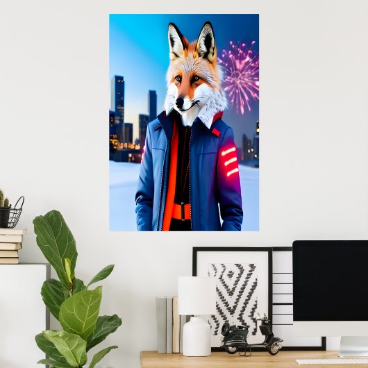 Red Fox met uniform en vuurwerk | AI Art. Poster (Thuiskantoor)