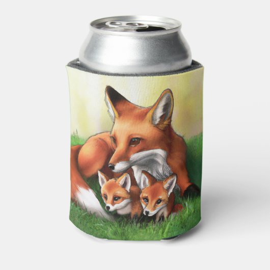 Red Fox Moeder en Kits in Grass Blikjeskoeler (Blikje Achterkant)