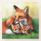 Red Fox Moeder en Kits in Grass Glazen Onderzetter (Voorkant)