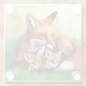 Red Fox Moeder en Kits in Grass Glazen Onderzetter (Achterkant)