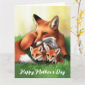 Red Fox Moeder en Kits in Grass Kaart (Gele Bloem)