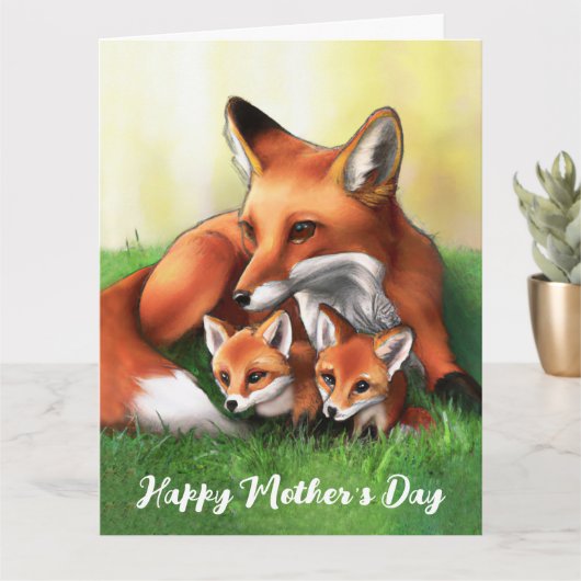 Red Fox Moeder en Kits in Grass Kaart (Kleine Plant)