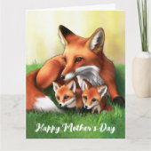 Red Fox Moeder en Kits in Grass Kaart (Voorkant)