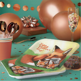 Red Fox Moeder en Kits in Grass Papieren Bordje