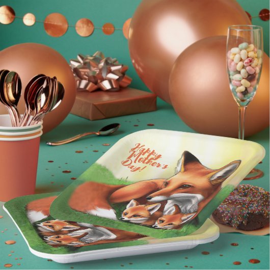 Red Fox Moeder en Kits in Grass Papieren Bordje (Multi)