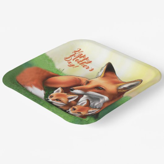 Red Fox Moeder en Kits in Grass Papieren Bordje (Gebogen)