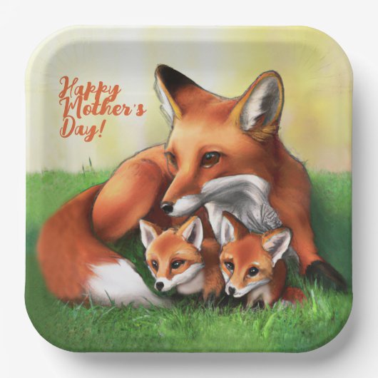 Red Fox Moeder en Kits in Grass Papieren Bordje (Voorkant)