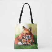 Red Fox Moeder en Kits in Grass Tote Bag (Voorkant)