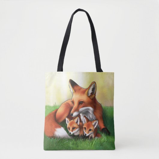 Red Fox Moeder en Kits in Grass Tote Bag (Voorkant)