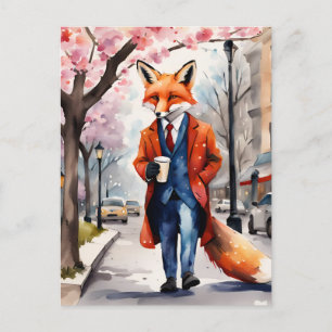 Red Fox Morning Coffee Walk in de lentestad Briefkaart