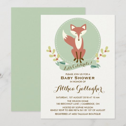 Red Fox Portrait Floral Baby shower Invitation Kaart (Voorkant / Achterkant)