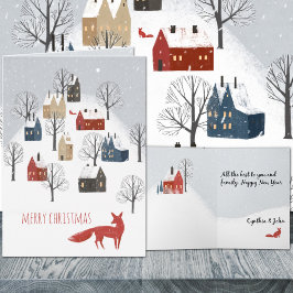 Red Fox Snowy Nordic Village Vrolijk Kerstfeest Feestdagen Kaart