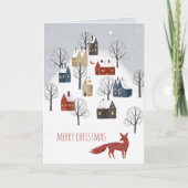 Red Fox Snowy Nordic Village Vrolijk Kerstfeest Feestdagen Kaart (Voorkant)