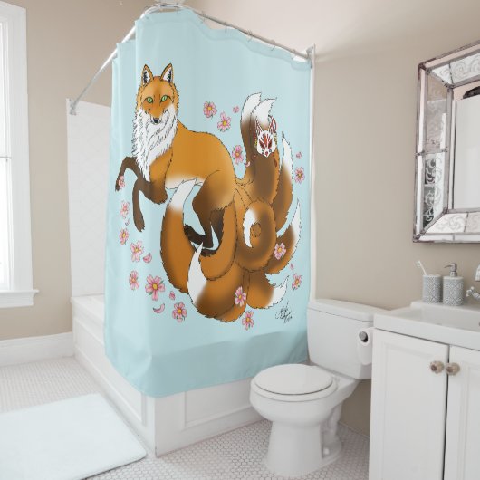 Red Fox Tails Kitsune Kasai Douchegordijn (In situ)