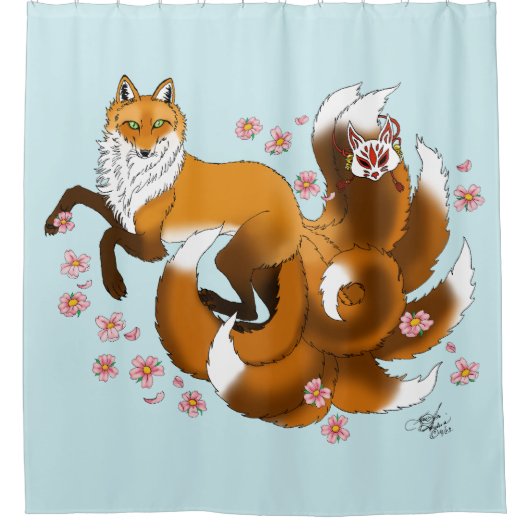 Red Fox Tails Kitsune Kasai Douchegordijn (Voorkant)