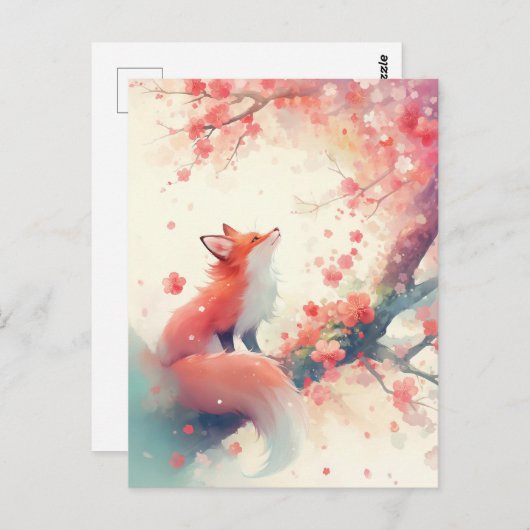 Red Fox Under Pink Cherry Blossom Briefkaart (Voorkant / Achterkant)