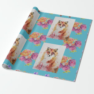 Red Fox Waterverf Woodland Blauwgroen Roos Animal  Cadeaupapier