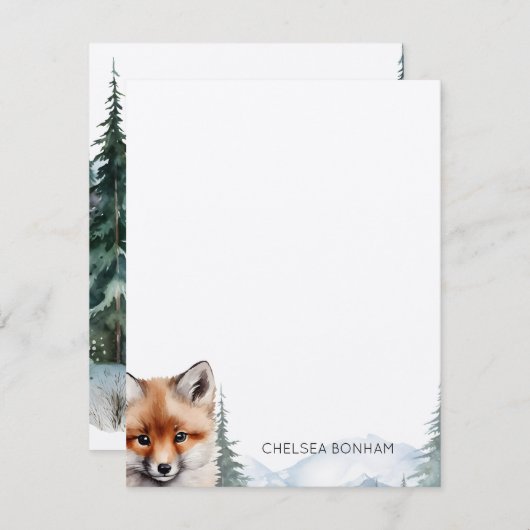 Red Fox welp in een bos Waterverf Notitiekaartje (Voorkant / Achterkant)