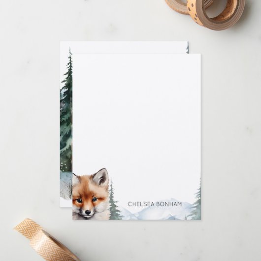 Red Fox welp in een bos Waterverf Notitiekaartje (Voorkant / Achterkant in situ)