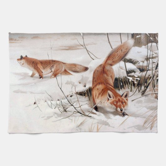Red Foxes in the Winter Snow (by Wilhelm Kuhnert) Theedoek (Horizontaal)