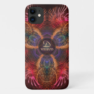 Red Fractal Art Feathers Aangepaste monogram naam iPhone 11 Hoesje