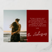 Red Frame Gold Brush Script Family Photo Christmas Folie Feestdagenkaart (Achterkant)