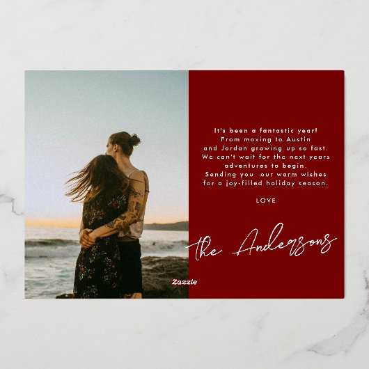 Red Frame Gold Brush Script Family Photo Christmas Folie Feestdagenkaart (Achterkant)