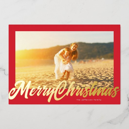 Red Frame & Gold Merry Christmas Photo Folie Feestdagenkaart (Voorkant)
