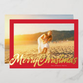 Red Frame & Gold Merry Christmas Photo Folie Feestdagenkaart (Voorkant / Achterkant)