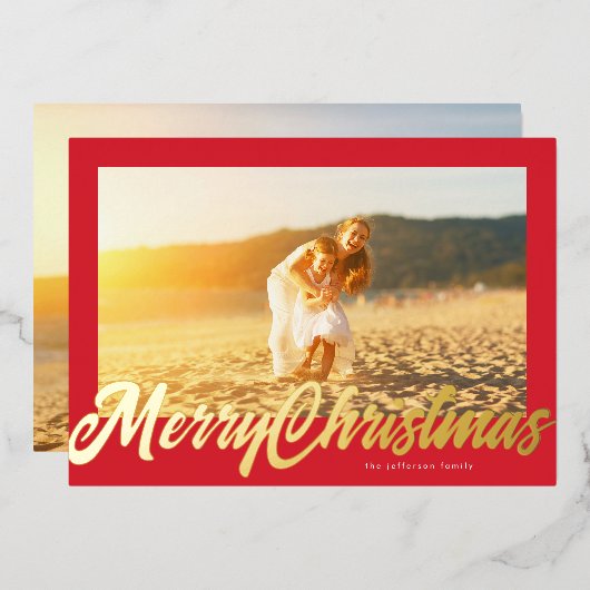 Red Frame & Gold Merry Christmas Photo Folie Feestdagenkaart (Voorkant / Achterkant)