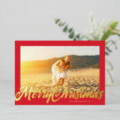 Red Frame & Gold Merry Christmas Photo Folie Feestdagenkaart (Staand Voorkant)