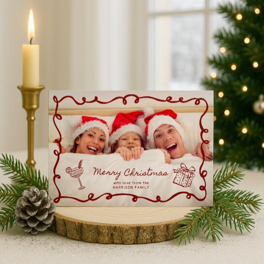  Red frame, Striped Family Photo Christmas Kaart