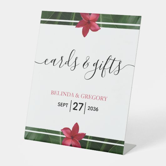 Red Frangipani Plumeria Wedding Cards & Gifts Reclamebord Met Voetstuk (Voorkant)
