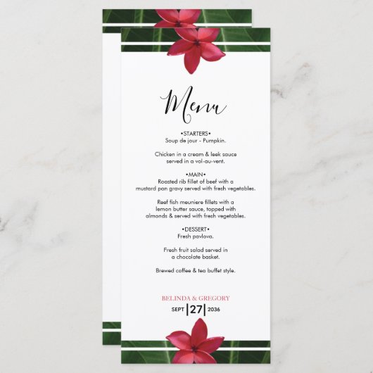 Red Frangipani Plumeria Wedding Menu (Voorkant / Achterkant)